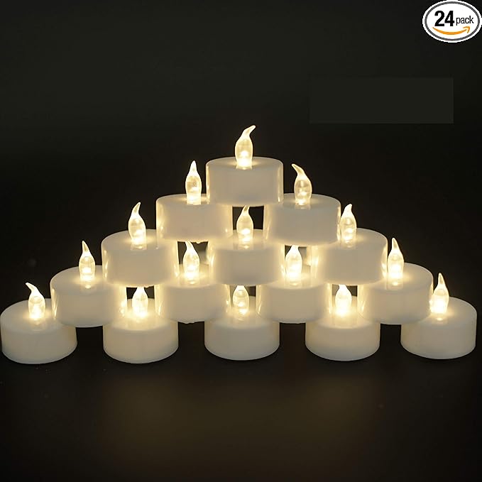 JUNPEI Pack of 24 Flameless Tea Light Candles Realistic Flickering:Battery Long Lasting Warm White Light Lamp Operated Powered for Seasonal & Festival Celebrations