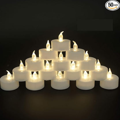 JUNPEI 50Pack Battery Tea Lights Candles- LED Tea Lights Realistic Bright Flickering Holiday Gift Operated Flameless LED Tea Light for Seasonal & Festival Celebration Warm White Lamp Battery Powered