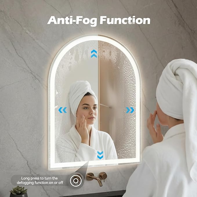 DUMOS 24"×32" LED Bathroom Mirror with Lights, Arched Vanity Mirror with Anti-Fog, Dimmable, 3-Color Light, Memory Function, Front Light and Backlit, Tempered Glass