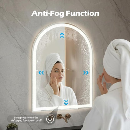 DUMOS 24"×32" LED Bathroom Mirror with Lights, Arched Vanity Mirror with Anti-Fog, Dimmable, 3-Color Light, Memory Function, Front Light and Backlit, Tempered Glass