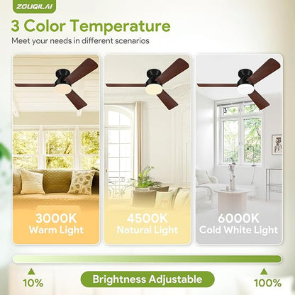 Ceiling Fans with Lights - 42 Inch Low Profile Ceiling Fan with Light and Remote, Reversible DC Motors, 3CCT Dimmable Noiseless, Black&Wood Flush Mount Ceiling Fan for Bedroom/Living Room