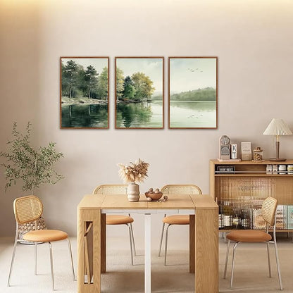 KAIRNE Framed Nature Canvas Wall Art Set,Misty Forest Wall Decor,Green Mountain Forest Pictures,Lake Water Painting set of 3(24”x36”),Landscape Scene Print for Living Room, Bedroom,Gallery Decor