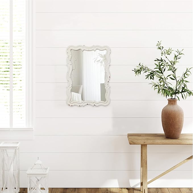Vintage Small Scalloped Wall Mirrors Decorative 16 x 12 inch, Hanging Distressed White Sculpted Wood Bathroom Vanity Mirror, Rustic Entryway Mirror, Farmhouse Wall Mounted Mirrors