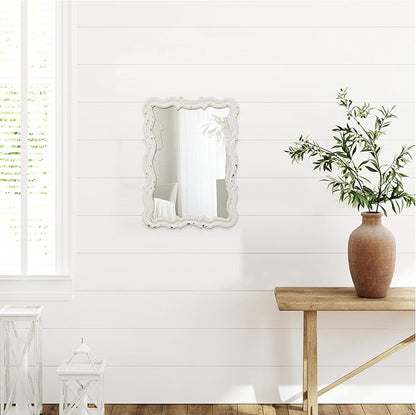 Vintage Small Scalloped Wall Mirrors Decorative 16 x 12 inch, Hanging Distressed White Sculpted Wood Bathroom Vanity Mirror, Rustic Entryway Mirror, Farmhouse Wall Mounted Mirrors