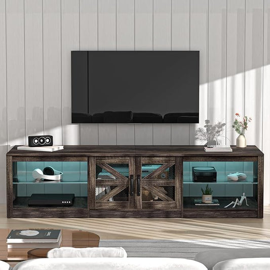 cdar TV Stands for Living Room, Farmhouse Entertainment Center, Television Stand with LED Light, 78" Wood Sliding Barn Door Media TV Console Table with Storage Shelf for Living Room, Bedroom ﻿ Gr