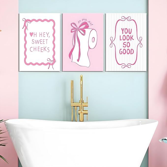 JBZDD 3Pcs Pink Bow Bathroom Canvas Wall Art Bowknot Coquette Posters Prints Preppy Picture Decor For Bathroom Washroom Restroom 16x12in Framed