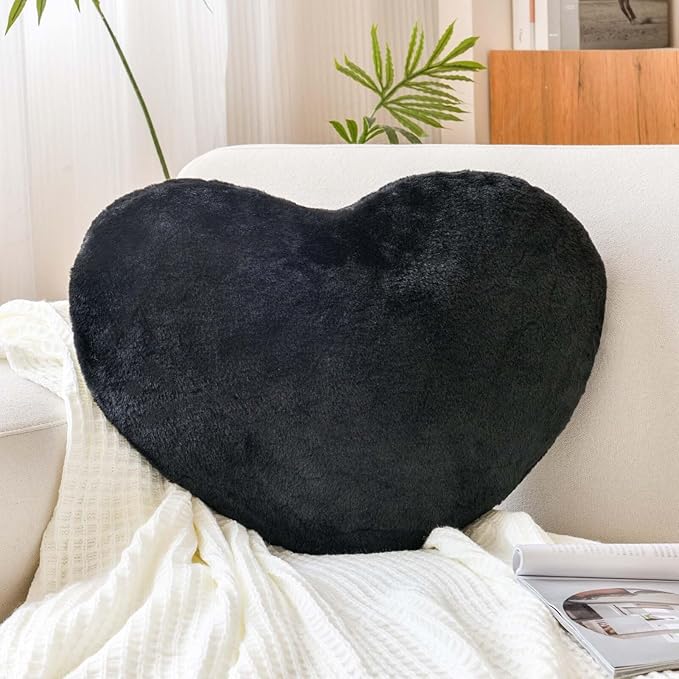 XVTRU Black Heart Pillows, Cute Heart Decorative Pillow, Heart Shaped Throw Pillows for Bed, Faux Rabbit Fur Plush Hoom Decor Pillow Cushion for Chair Sofa Living Room (Mini 12.9" x 9.8")