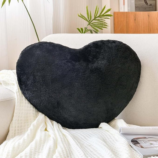 XVTRU Black Heart Pillows, Cute Heart Decorative Pillow, Heart Shaped Throw Pillows for Bed, Faux Rabbit Fur Plush Hoom Decor Pillow Cushion for Chair Sofa Living Room (Mini 12.9" x 9.8")