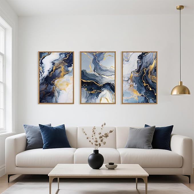 Navy Blue and Gold Framed Canvas Wall Art Set,Mid-Century Modern Abstract Wall Decor,Navy Blue Ink Wash Painting,Neutral Art Print for Living Room,Bedroom,Dining Room,Office-16 x24 x3