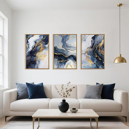 Navy Blue and Gold Framed Canvas Wall Art Set,Mid-Century Modern Abstract Wall Decor,Navy Blue Ink Wash Painting,Neutral Art Print for Living Room,Bedroom,Dining Room,Office-16 x24 x3