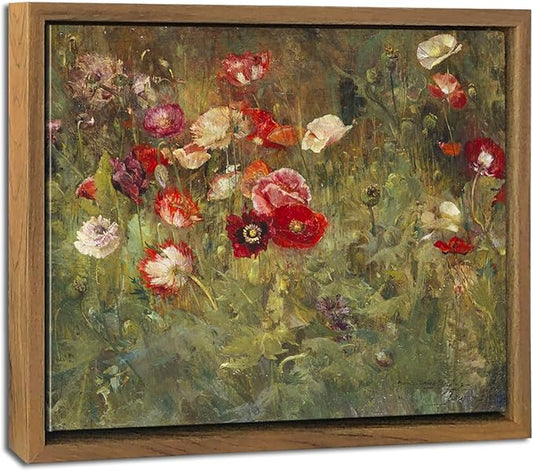 Pyradecor Vintage Wall Art A Bed of Poppies Canvas Prints Retro Framed Canvas Wall Art Classical Floral Paintings for Bedroom Kitchen Office Decorations