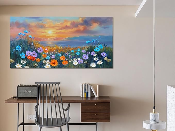 Ardemy Landscape Wall Art for Living Room Sunset Flower Large 40"x20", Canvas Art Wall Decor Textured Bedroom Floral Painting Artwork Home Office Dining Room