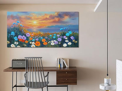 Ardemy Landscape Wall Art for Living Room Sunset Flower Large 40"x20", Canvas Art Wall Decor Textured Bedroom Floral Painting Artwork Home Office Dining Room
