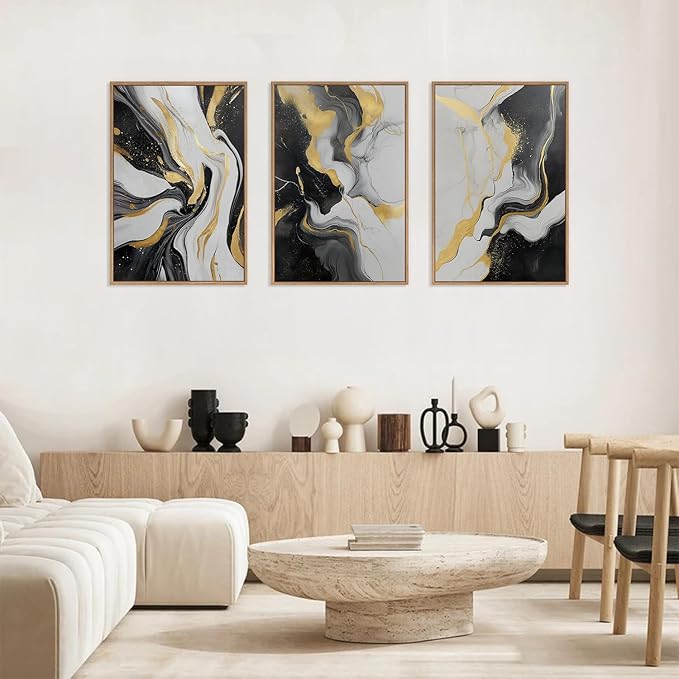 HLNIUC Abstract Minmalist Wall Art,Flow Marble Wall Art,Black White Gold Artwork,Modern Neutral Framed Decor Textured,Luxury Artwork Canvas,Marble Line Prints for Living Room Bedroom Office16x24x3