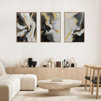 HLNIUC Abstract Minmalist Wall Art,Flow Marble Wall Art,Black White Gold Artwork,Modern Neutral Framed Decor Textured,Luxury Artwork Canvas,Marble Line Prints for Living Room Bedroom Office16x24x3