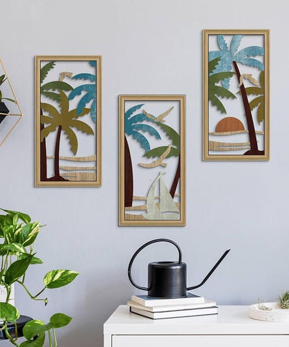 Putuo Decor Palm Tree Wall Decor Set of 3, Coastal Wall Decor, Boho Wall Art, Beach Themed Wooden Wall Plaque for Living Room Bedroom Bathroom