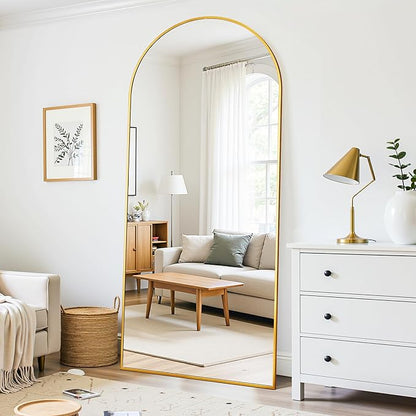 71"×32" Arched Full Length Floor Mirror, Standing Mirror with Aluminum Frame, Large Body Mirror of Free Standing/Wall Mount/Leaning for Bedroom, Living Room, Dressing Room, Gold