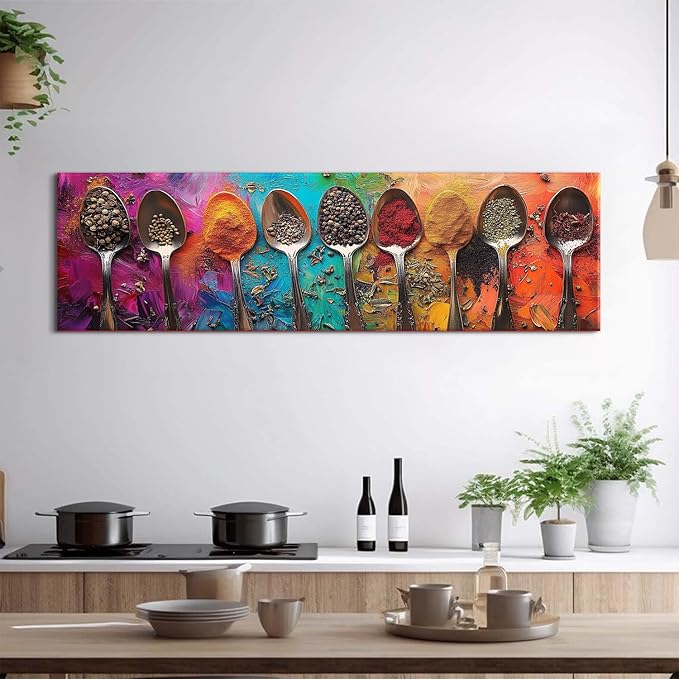 Colorful Spices Seasoning Spoon Canvas Wall Art Kitchen Wall Decor Large Abstract Seasoning Herb Picture for Dining Room Home Bar Decorations Watercolor Food Poster Contemporary Artwork 14x48”