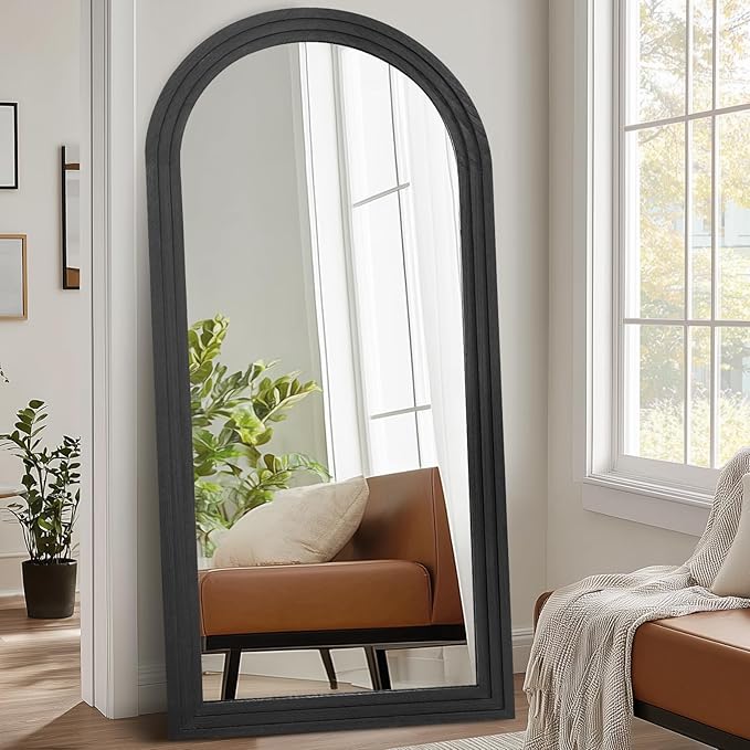 Arched Full Length Mirror 71"x32" - Rustic Black Solid Wood Wall Mirror, Oversized Leaning or Mounted Design for Bedroom, Entryway, Living Room Décor