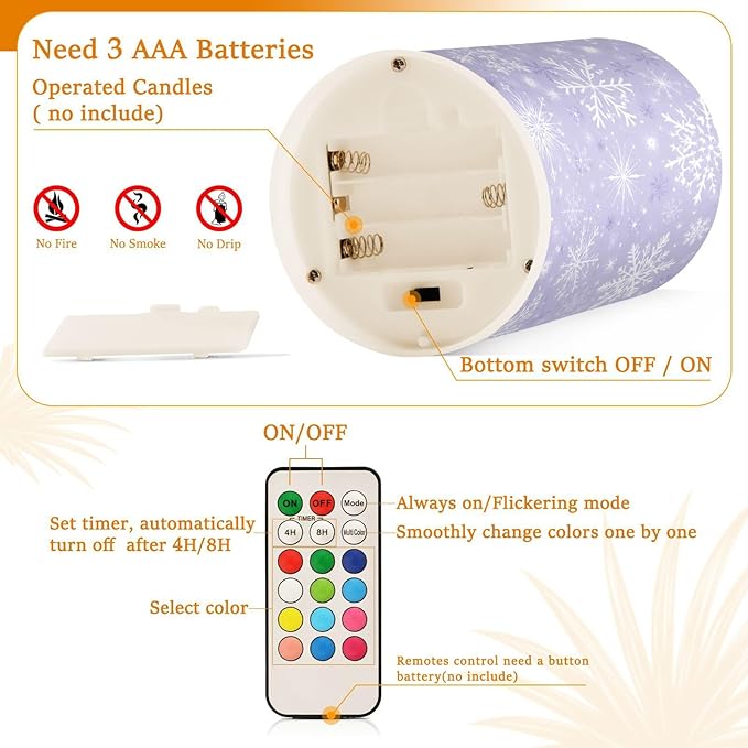 ALAZA Gray White Winter Snowflakes Christmas Flickering Flameless Candles Battery Operated with Remote Timer,Tea Light Candles LED Pillar Votive Candles Set of 2 for Outdoor Indoor Decorations