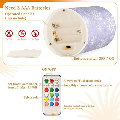 ALAZA Gray White Winter Snowflakes Christmas Flickering Flameless Candles Battery Operated with Remote Timer,Tea Light Candles LED Pillar Votive Candles Set of 2 for Outdoor Indoor Decorations
