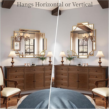 Kelly Miller Gold Bathroom Mirror for Wall, 24"x36" Large Decorative Mirror Gold Wall Mirror Vanity Mirror Beveled Wall Decor for Master Bath Half Bath Living Room Bedroom Fireplace Mantle Entryway