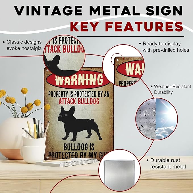 Bulldog Vintage Sign Warning Metal Sign for Wall Decor Shed Garage Man Cave Kitchen 12x16inch