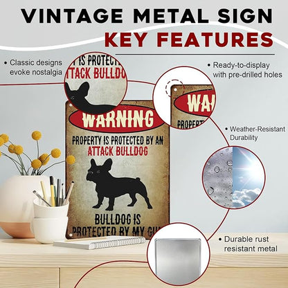 Bulldog Vintage Sign Warning Metal Sign for Wall Decor Shed Garage Man Cave Kitchen 12x16inch