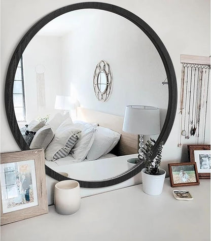 JJUUYOU Large Circle Wall Mirror 24 Inch for Home Decor Round Mirror for Bathroom Black Wall Mounted Wood Frame Mirrors for Living Room Bedroom Washroom Dorm