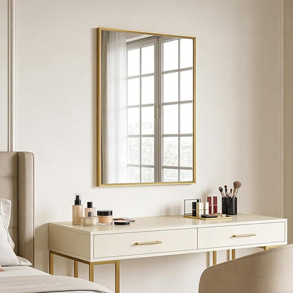 Bathroom Mirror for Wall, 20x30 Inch Metal Framed Mirror, Brushed Gold Rectangle Mirror, Bathroom Vanity Mirror Farmhouse, Tempered Glass, Anti-Rust, Hangs Horizontally or Vertically