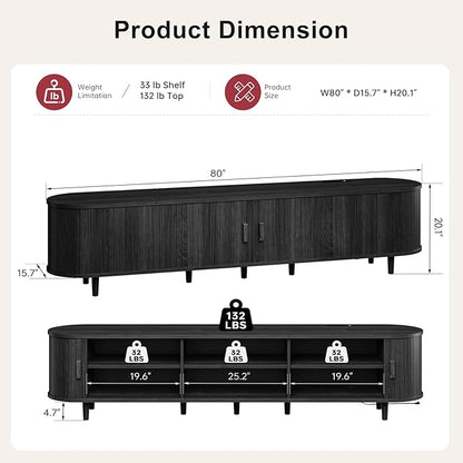 80" Mid Century Modern TV Stand, Wood TV Consoles with Sliding Doors and Power Outlet, Fluted Entertainment Center with Adjustable Shelves, Media Console for Living Room, Black