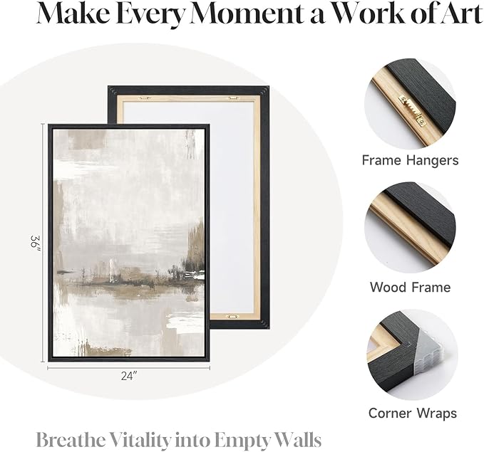 Large Framed Neutral Abstract Wall Art for Living Room, 3 Piece Brown Beige Canvas Artwork for Walls, Modern Minimalist Abstract Prints Paintings Pictures for Hallway Home Office Wall Decor, 24x36 In