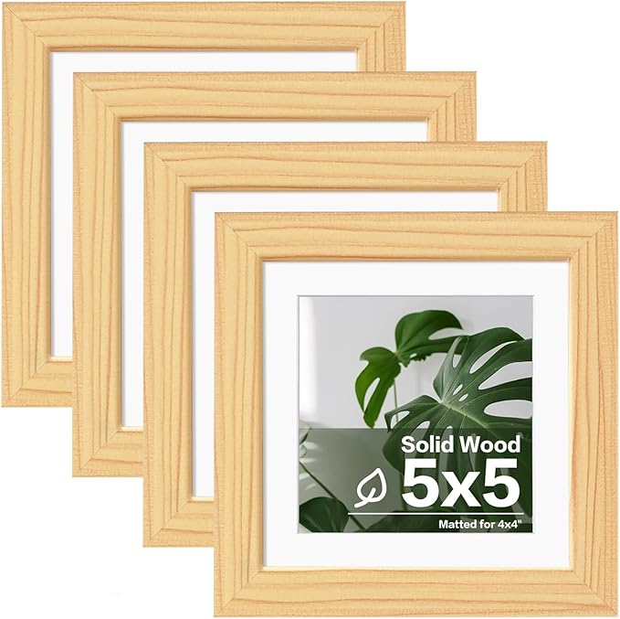Egofine 5x5 Picture Frames Set of 4, Made of Solid Wood Covered by Plexiglass Display 4x4 with Mat or 5x5 without Mat, for Table Top Display and Wall Mounting Photo Frame, Natural Wood