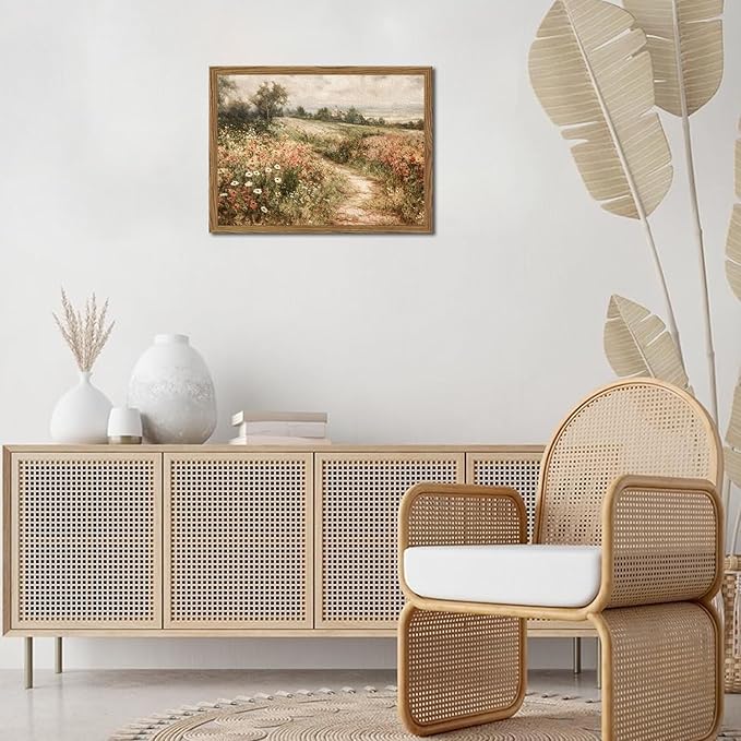 Vintage Floral Wall Art Nature Country Wildflower Wall Decor Painting Modern Botanical Flower Farmhouse Landscape Artwork 3D Textured Sandstone for Living Room Bedroom 24x36 inch Wood Framed