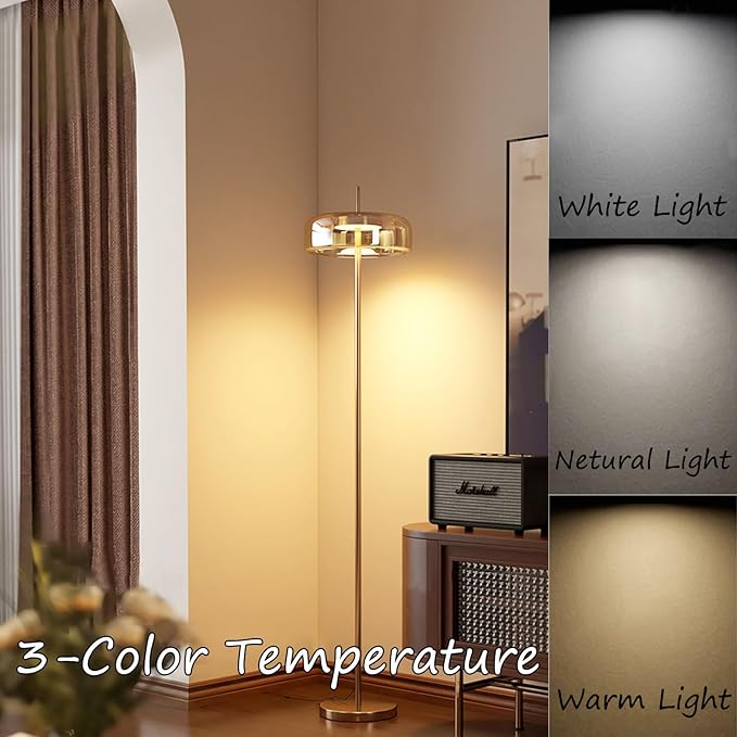 MIXL-Hand-Blown Glass Floor Lamp with Sturdy Base,Minimalist Amber Bedside Lamp with Round Shade,Nordic Style Tall Lamp for Reading Study Room and Dining Room