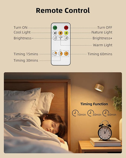 LED Wall Mounted Lights, Rechargeable Wall Sconces Lamp, 3 Color Temps & Remote and Touch, 360°Rotation Dimmable Cordless Wall Light for Study Bedroom Reading Bedside(Wood, 2 Pack)