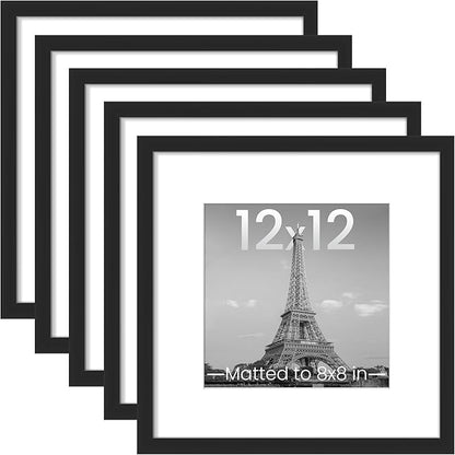 upsimples 12x12 Picture Frame Set of 5, Display Pictures 8x8 with Mat or 12x12 Without, Wall Gallery Poster Frames, Black