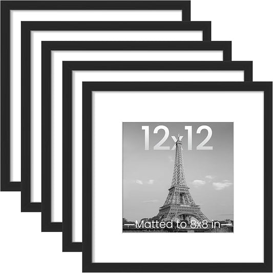 upsimples 12x12 Picture Frame Set of 5, Display Pictures 8x8 with Mat or 12x12 Without, Wall Gallery Poster Frames, Black