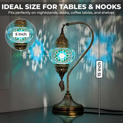 DEMMEX Turkish Moroccan Table Lamp, Swan Neck Tiffany Style Mosaic Glass Table Desk Bedside Lamp for Bedroom, Living Room – Handcrafted in Turkey, Lilac