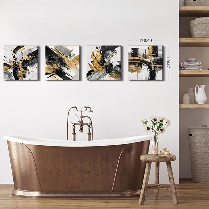 Abstract Black and Gold Wall Art for Bathroom Marble Pictures for Wall Modern Black White and Gold Texture Canvas Prints Painting Neutral Posters Artwork Living Room Home Decorations 12x12” 4Pcs