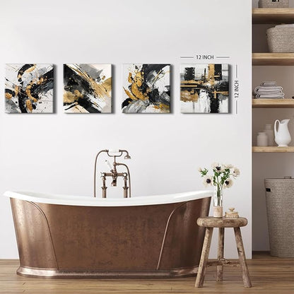 Abstract Black and Gold Wall Art for Bathroom Marble Pictures for Wall Modern Black White and Gold Texture Canvas Prints Painting Neutral Posters Artwork Living Room Home Decorations 12x12” 4Pcs