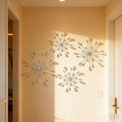 ZEXUIRU 4 Pcs Silver Starburst Wall Decor Metal Bling Wall Art Crystal Accents 3D Modern Decoration Glam Hanging Sculptures for Living Room Bedroom Office Teen Girl Room – Easy to Hang Home Decor Set