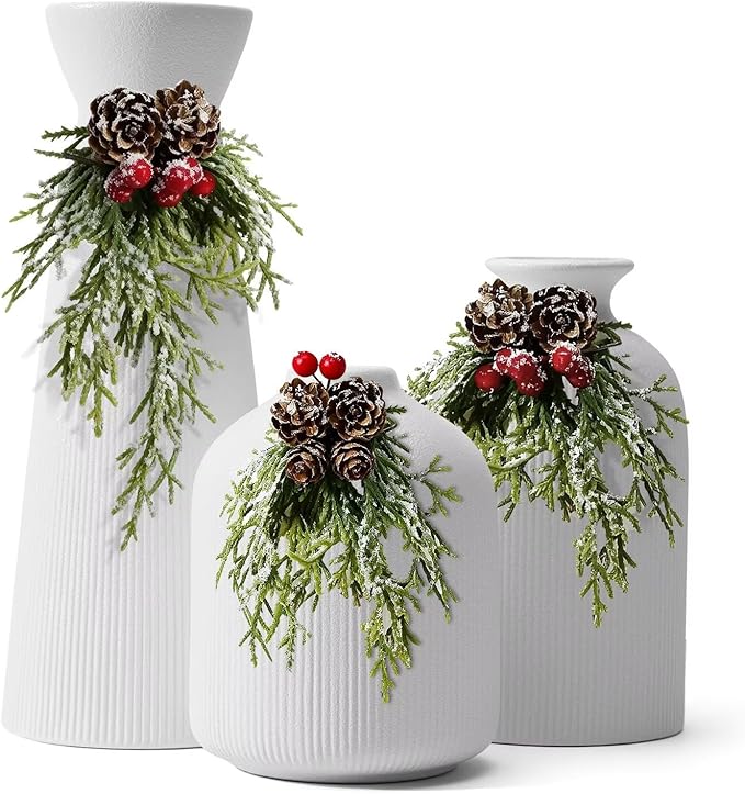White Ceramic Flower Vases Set of 3, Valentine's Day Gift Vases with Vertical Stripe Texture, Modern Decorative Vases for Dried Flowers, Home Decor Vase for Living Room Bedroom Kitchen Shelf