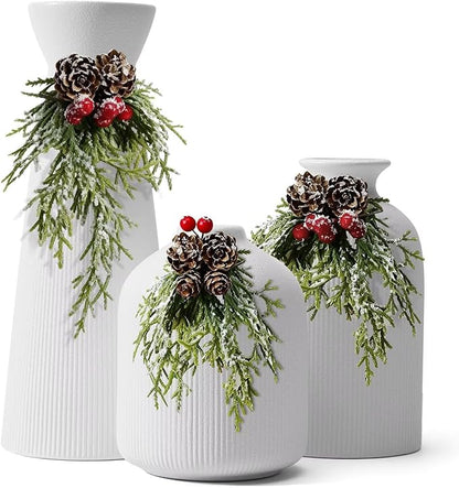 White Ceramic Flower Vases Set of 3, Valentine's Day Gift Vases with Vertical Stripe Texture, Modern Decorative Vases for Dried Flowers, Home Decor Vase for Living Room Bedroom Kitchen Shelf