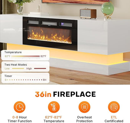 WelFurGeer 36" Electric Fireplace TV Stands with LED Lights, High-Gloss Modern Media Console Table for TV up to 75", White Fireplace TV Stand with Storage, Entertainment Center for Living Room