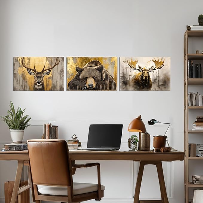 Woodland Animal Canvas Wall Art 3 Piece - Moose Elk Bear Picture Vintage Gold Painting Wildlife Prints Wall Decor Framed for Living Room Bedroom Cabin(Art-1,12.00"x16.00"x3P)