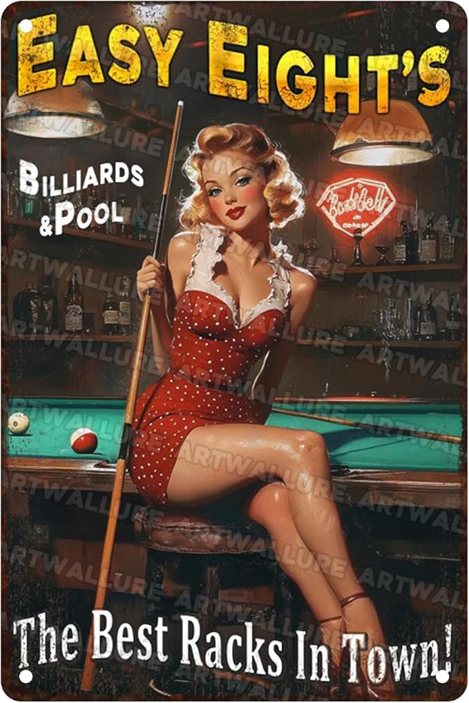 Metal Tin Sign Pin Up Girl Funny Wall Decor Easy Eight‘s Billiard Vintage Room Wall Art Poster for Bar Man Cave Garage Club Decor 8x12 Inch