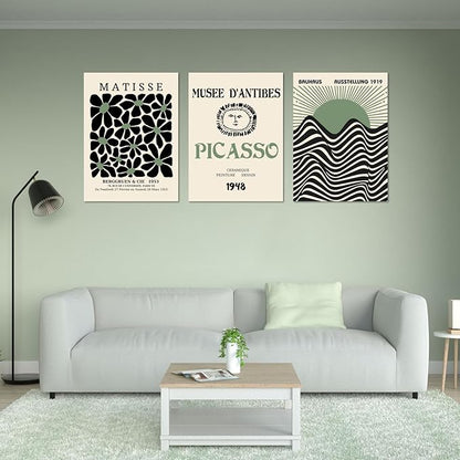 Sage Green Wall Posters & Prints, Green Matisse Wall Art Set of 3, Abstract Matisse Framed Wall Art Decor, Minimalist Geometric Line Green Canvas Artwork Paintings for Living Room, Bedroom, Office
