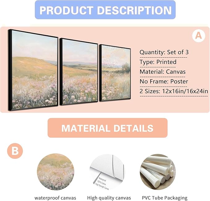 3Pcs Floral Landscape Canvas Wall Art French Country Painting Picture Wall Decor Vintage Country Wildflower Print Farmhouse Poster Artwork for Office Living Room Bedroom Home Decoration Unframed