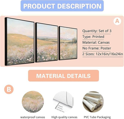 3Pcs Floral Landscape Canvas Wall Art French Country Painting Picture Wall Decor Vintage Country Wildflower Print Farmhouse Poster Artwork for Office Living Room Bedroom Home Decoration Unframed